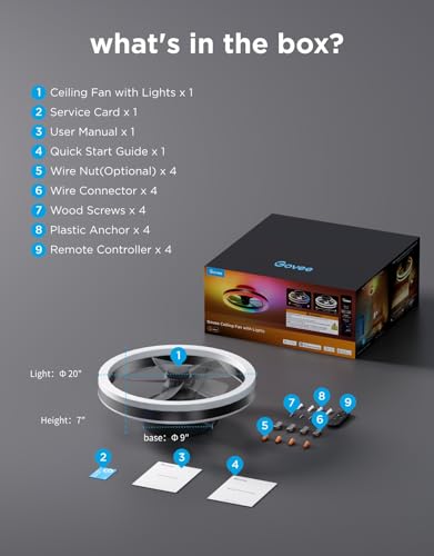 Govee Ceiling Fan with Lights, 20'' RGBIC Oscillating Flush Mount Bladeless Ceiling Fans with Lights and Remote, 12 Speeds Reversible DC Motor, 3100lm, Low Profile Ceiling Fan for Bedroom, Living Room