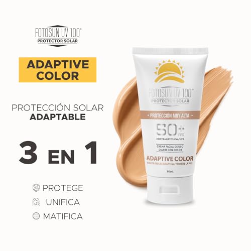 FOTOSUN UV 100 Adaptive Color FPS 50+ UVA/UVB, Protector solar facial con color, Hipoalergénico, resistente al agua, uso diario, se adapta al tono de piel.