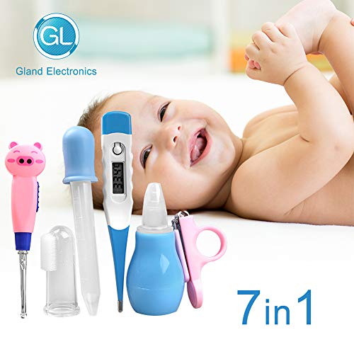 Baby Kit Infant Grooming Kit 7 Piece Deluxe Essential Set Safe for Babies and Toddlers | Includes: Thermometer, Nail Clipper, Medicine Dispenser, Nasal Aspirator, Baby Toothbrush, Earpick, Baby Bib