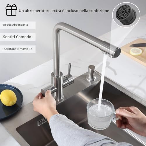 CECIPA PURE-I 3 Way Kitchen Tap with Two Water Outlets: Filtered Water and Hot/Cold Water - 360° Swivel Spout Brushed 304 Stainless Steel