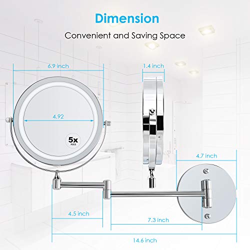 ALVOROG Wall Mounted Makeup Mirror LED Lighted Double Sided 5X