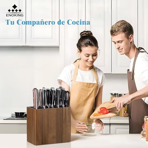 ENOKING Acacia Wood Kitchen Knife Holder, Universal Kitchen Knife Holder with Plastic Lid, Knife Holder for Knives and Scissors/Sharpening Rod