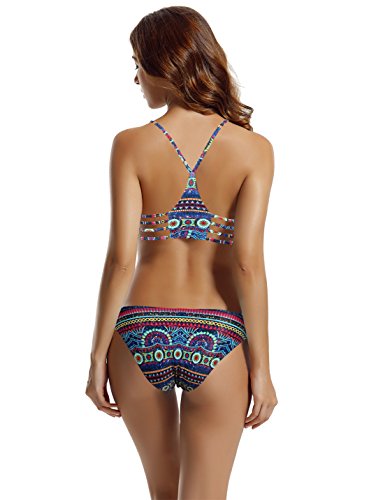 zeraca Women's Strap Side Bottom Halter Racerback Bikini Bathing Suits (FBA) (Small / 6, 11 Tribal Ethnic)