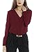 Womens V Neck Long Sleeve Ruffled Shoulder Solid Chiffon Blouse (Small, Wine Red)