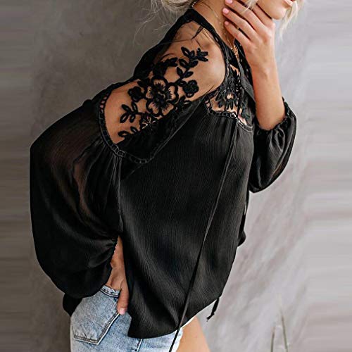 Yezijin Fashion Women Chiffon Lace Hollow Out Solid Blouse Long Sleeve Bandage Tops Sexy Summer Tops 2019 Black - Thumbnail 5