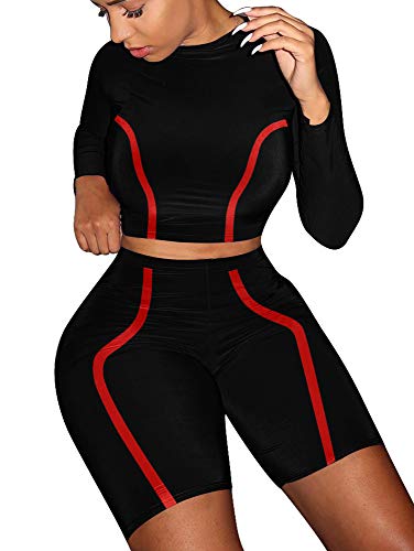 BEAGIMEG Women's Casual 2 Piece Outfits Stripe Romper Long Sleeve Top Shorts Black