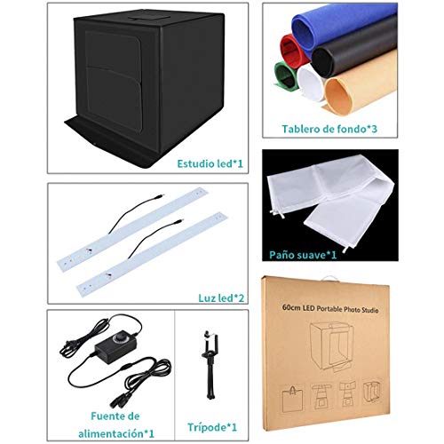 Juego de Estudio Fotográfico Portátil 60x60x60cm, Caja de Luz con Asa y Luz Regulable de 120 LED para Fotografía con 6 Fondos de Colores - Alta Calidad con Certificado (Set Estudio Fotográfico)