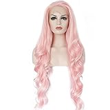 Ebingoo Handmade Women Synthetic Lace Front Wigs Cheap Heat Resistant Natural Long Wavy Fiber Hair Pink Color (26inches)