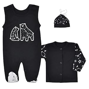 Fifiloo Baby 3-delige babyset romper/shirt/muts voor jongens en meisjes kledingset, zwart (zwart universe), 80 (12…