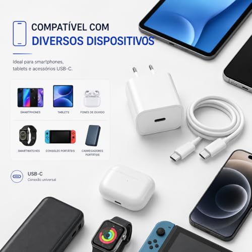 Carregador Turbo 30W Compatível iPhone 15/16/17-16 PRO, 16 PRO MAX iPhone 15 PLUS 15 PRO 15 PRO MAX, GALAXY - Todos ANDROID Entrada TIPO-C + Cabo Reforçado USB-C - Fast Power