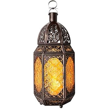 Lewondr Metal Glass Candle Lantern, Moroccan Style Portable Candle Holder Pavilion Shape Bowl Bottom Decorative Hanging Lamp Wind Lantern Décor for Home Patio Balcony Garden - Copper + Yellow