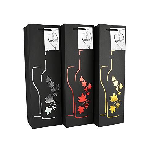 6 Pack Black Wine Gift Bags with Gift Tag and Handles, Silhouette Glass and Grape Vines Design/Wine Bottle Carrier for Anniversary, Birthday, Occasions, H: 39 cm x W: 12 cm x D: 9 cm