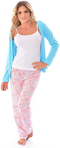 Womens Pajamas 3 Piece Pajama Set: Long Sleeve, Pants and Cami Top (Small, Blue)