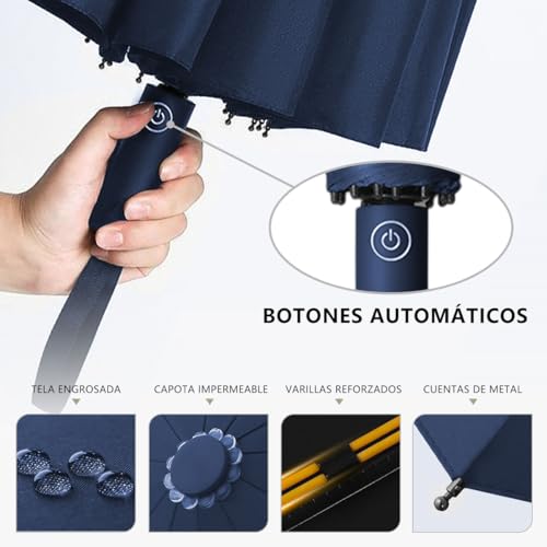 MXHIGO Paraguas Plegable Automático Reforzado, Paraguas de Bolsillo Resistente al Viento, Sombrilla Grande para Lluvia y Sol, Con 24 Varillas Reflectantes y Protección UV, Para Hombres y Mujeres