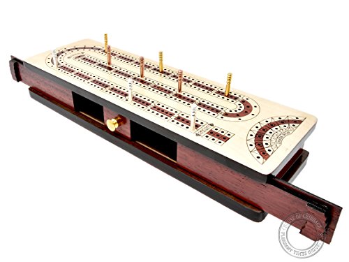House of Cribbage - Continuous Cribbage Board Alphabet e Shape inlaid in Maple Wood / Bloodwood : Size - 12.5" x 4" - 3 Track - Separate Storage Space for Two Deck of Cards & Pegs