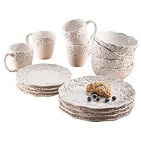 American Atelier 1562951-RB Holiday Round Dinnerware Set - 16-Piece Ceramic Party Collection w/ 4 Dinner Salad Plates, 4 Bowls & 4 Mugs -Gift Idea for Special Occasions, White, Bianca Holly