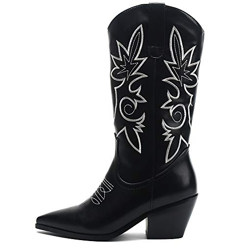 SaraIris Western Boots for Women, Cowboy Cowgirl Pointed Toe Chunky Heel Boots Pull-on Mid Calf Boots for Ladies Knee High Boots