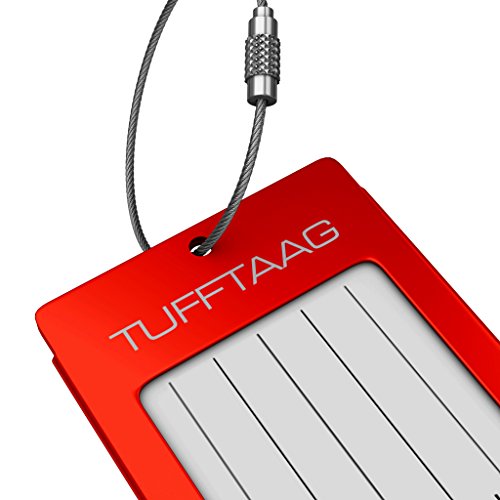 TUFFTAAG Personalized Luggage Tag Set w/ Business Card Holder - Customized Metal Suitcase Labels (5pk Red)