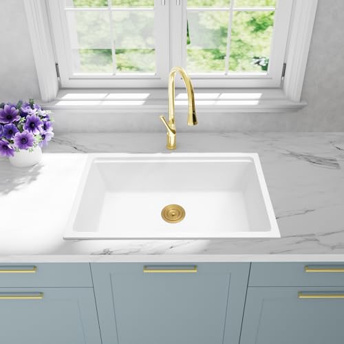 YAQUN White Undermount Kitchen Sink 32 Inch - Drop in Granite Quartz Composite Workstation Sink - Deep Single Bowl,Dual Mount,with Accessories