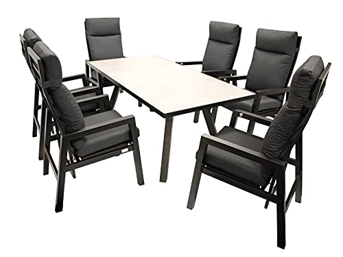 DEGAMO Gartengarnitur MANCIANO 7-teilig, 6X Hochlehner Sessel mit Verstellbarer Rückenlehne und 1x Gartentisch 90x180cm mit Glasplatte in Keramikoptik hellgrau