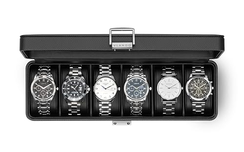 Vlando 6-Slot Watch Case for Men, Watch Box with Glass Lid, Lockable Watch Holder, Business Textured Leather Organizer Display Case, Soft Pillow, Gifts for Fathers, Dad, Husband - Black