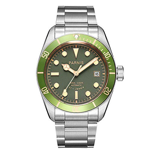 Parnis 41mm Green Dial Rotating Bezel Sapphire Glass 10ATM Water Resistance Stainless Steel Band Miyota 8215 Automatic Movement Men's Watch