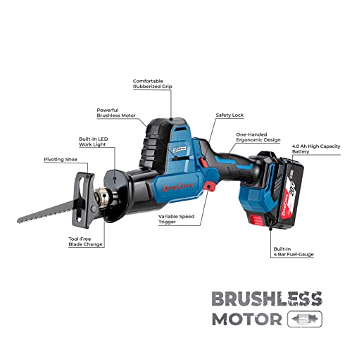 DongCheng 20V MAX Kabelloses, Bürstenloses, Kompaktes Einhand-Reciprosäge-Kit mit 4 Stück Klingen für Holz & Metall, 4,0Ah Lithium-Ionen-Akku und Ladegerät & Tragetasche, Modell# DCJF22