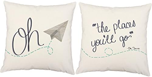 RoomCraft Set of 2 Oh the Places You Will Go Throw Pillows - 18x18 Inch Square Dr Seuss Quote White Cotton Cushions