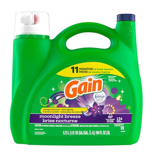 GAIN LIQUID LAUNDRY DETERGENT, MOONLIGHT BREEZE SCENT, 194 FL OZ, 134 LOADS, FRESHNESS + ODOR FIGHTING, HIGH EFFICIENCY WASHING MACHINE LIQUID CLEANING SOAP