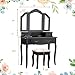 CHARMAID Vanity Set with Tri-Folding Mirror and 4 Drawers, Makeup Dressing Table with Cushioned Stool, Makeup Vanity Set for Women Girls Bedroom, Makeup Table and Stool Set (Black)