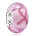 Q&Locket Sterling Silver Core Pink Ribbon Breast Cancer Awareness Murano Glass Bead For Bracelet