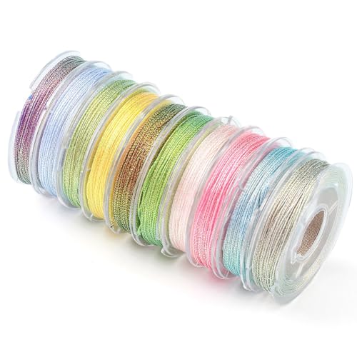 CABODYALS 10 Rolls 219.46M 3Ply Metallic Assorted Colour Cord Embroidery Threads Colourful Crochet Cords Shimmer Tinsel Polyester String Bulk for Sewing Making Crafts Bracelets Beading Knitting Diy