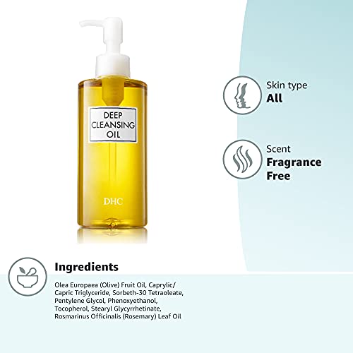 DHC DEEP CLEANSING OIL, FACIAL CLEANSING OIL, MAKEUP REMOVER, CLEANSES WITHOUT CLOGGING PORES, RESIDUE-FREE, FRAGRANCE AND COLORANT FREE, ALL SKIN TYPES, 6.7 FL. OZ.