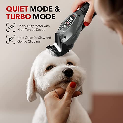 DOG CARE Dog Grooming Clippers-Intelligent Low Noise 3-Mode Heavy-Duty Dog Hair Clippers with LED Display, Heatproof Detachable Blade, Auxiliary Light, Rechargeable Battery, Cordless Design,Gray