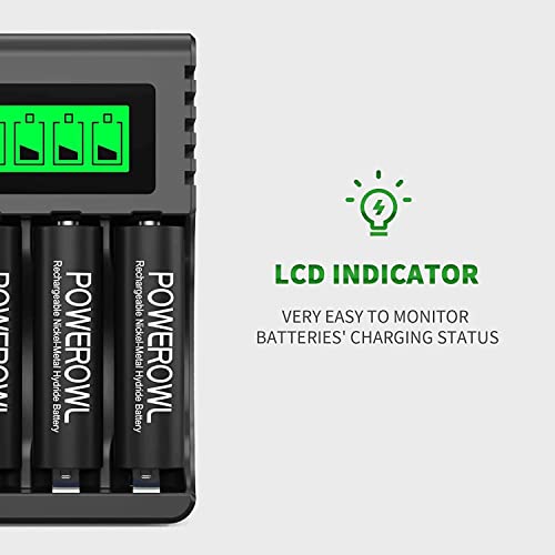 POWEROWL Quick Charger Rechargeable Batteries, LCD Charger for Ni-MH Rechargeable AA/AAA Batteries, Independent Slot & USB Quick Charge