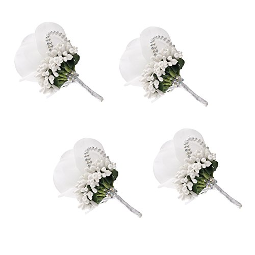 YSUCAU Rose Boutonniere Handmade Corsage Classic Artificial Groom Flowers Brooch with Pin for Wedding Prom Party (White)