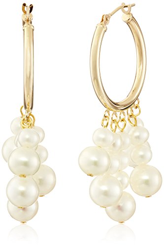 14k Yellow Gold 5-Rows White Cultured Freshwater Pearl Hoop Dangle Earrings (3.5-4mm and 6-6.5mm )