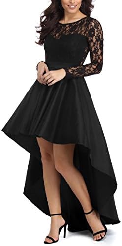 Leindr Women's Hi-Lo Prom Dress Long Sleeve Lace Evening Dress 2018 Fashion Long Maxi Dresses Black Black L 12 14