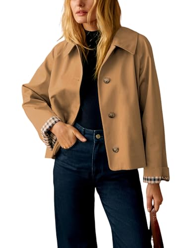Yeokou Women Oversize Trench Coat Plaid Lining Lapel Button Down Casual Crop Jacket Outwear with Pockets