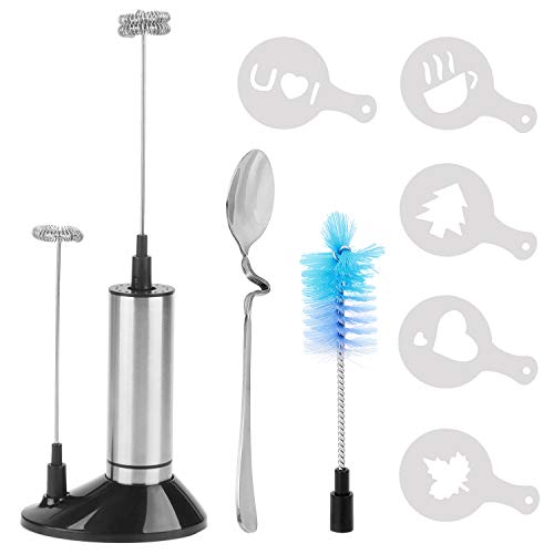 Milk Frother, PEMOTech [3 in 1] Electric Milk Forther with Mix Spoon & 16 PCS Art Stencils, Handheld Portable Frother Foam Maker Double Spring Whisk Head with Additional Single Spring Whisk Head, Foam Maker For Latte Cappuccino Hot Chocolate - Thumbnail 7