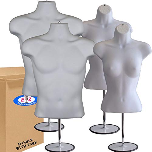 2-Pack Male + Female Mannequin Torso Set, Dress Form Hollow Back Body Tshirt Display, with Stand for Counter by EZ-Mannequins for Craft Shows, Photos or Design, Easy to Assemble and Store, S-M Sizes.