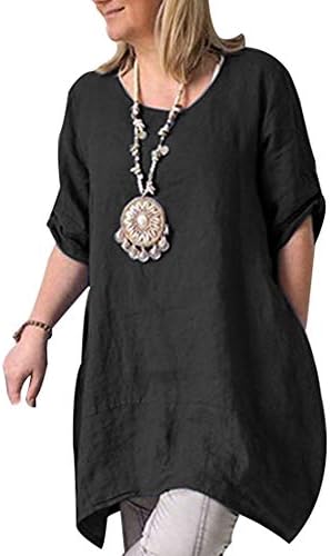 Pibilu Womens Casual Tunic Tops Half Sleeve Round Collar Cotton Linen Loose Blouse Tops