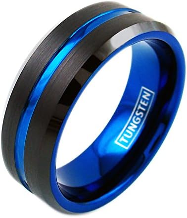 Beautiful Black Tungsten Ring w/ Cool Thin Blue Line Stripe &amp; Stunning Blue Inner Band. 6mm and 8mm. (8mm, 11)