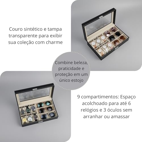 Estojo 9 compartimentos relógios e óculos couro ecológico | Forro aveludado e visor transparente protegem peças delicadas; ideal para penteadeiras, closets e viagens curtas