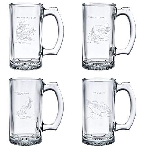 Ned Smith Freshwater Fish 12-Ounce Beer Tankard Stein Glass Assorted Set of 4