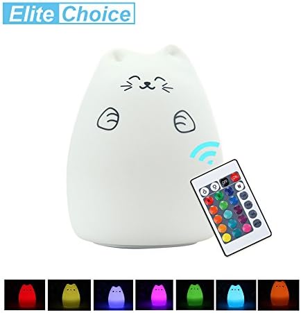 Remote Control Cute LED Kitty Night Light, Elite Choice Multicolor Kids Lamp with Tap Control, Static/Breathing/Flashing etc 7 color 5 Light Modes , Brightness Adjustment for Kids Bedroom Table Light