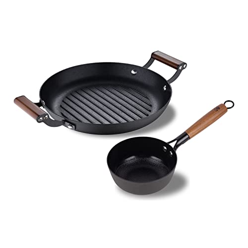 MasterPro Odín | Pfannenset Antihaftbeschichtet 2-Teilig | Topf 16 cm + Grillpfanne 28 cm | Aus Gepresstem Eisen | Ergonomische Holzgriffe | Pfannen Set | Für Alle Herdarten