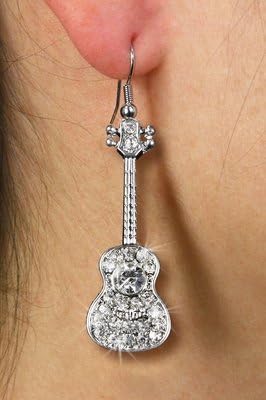 Polished Silver Tone and Austrian Crystal Guitar Earrings