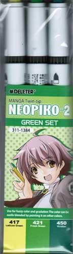 Deleter Neopiko-2 Alcohol Markers (3 Pcs) [ Green Set ] Refillable Dual-Tip Markers for Professional Comic Manga Graphic Illustration