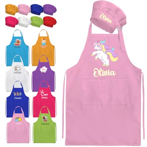 Gridachi Personalized Kids Apron with Name Custom Kids Chef Hat and Apron Girls Boys Kid Cooking Baking Kitchen Painting